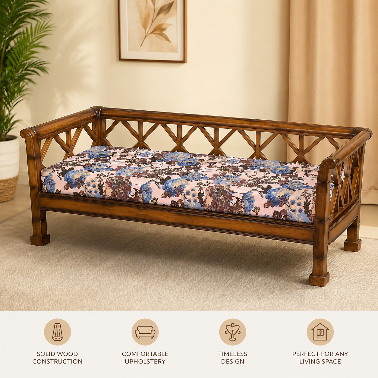 3 Seater wooden couch with floral cushion